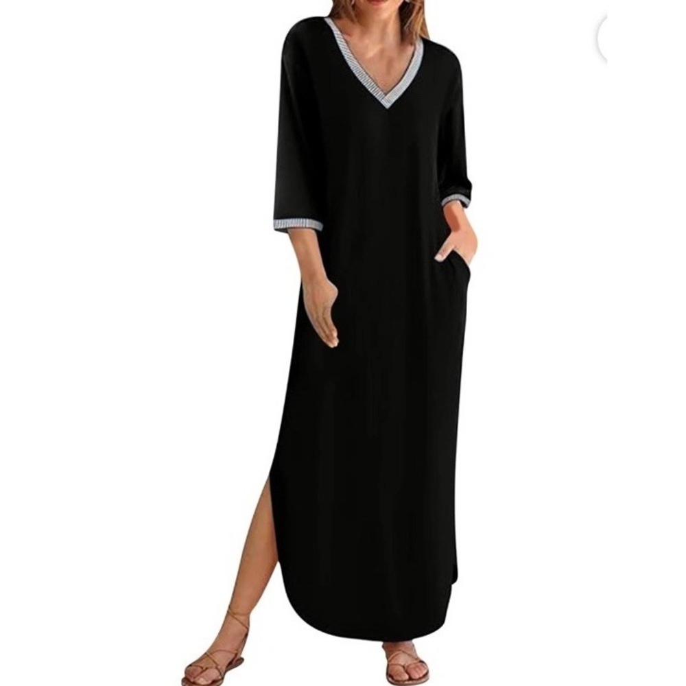 ZESICA Women's SZ-M‎ 3/4 sleeve Long Maxi dress V Neck Viscose Blend W/Pockets